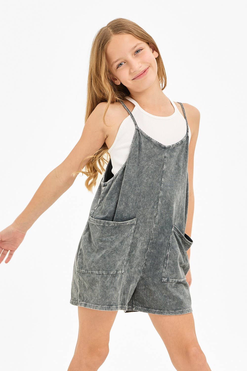 Good Girl - Two Pocket Mineral Wash Overall Romper / Onesie: Denim Blue / M
