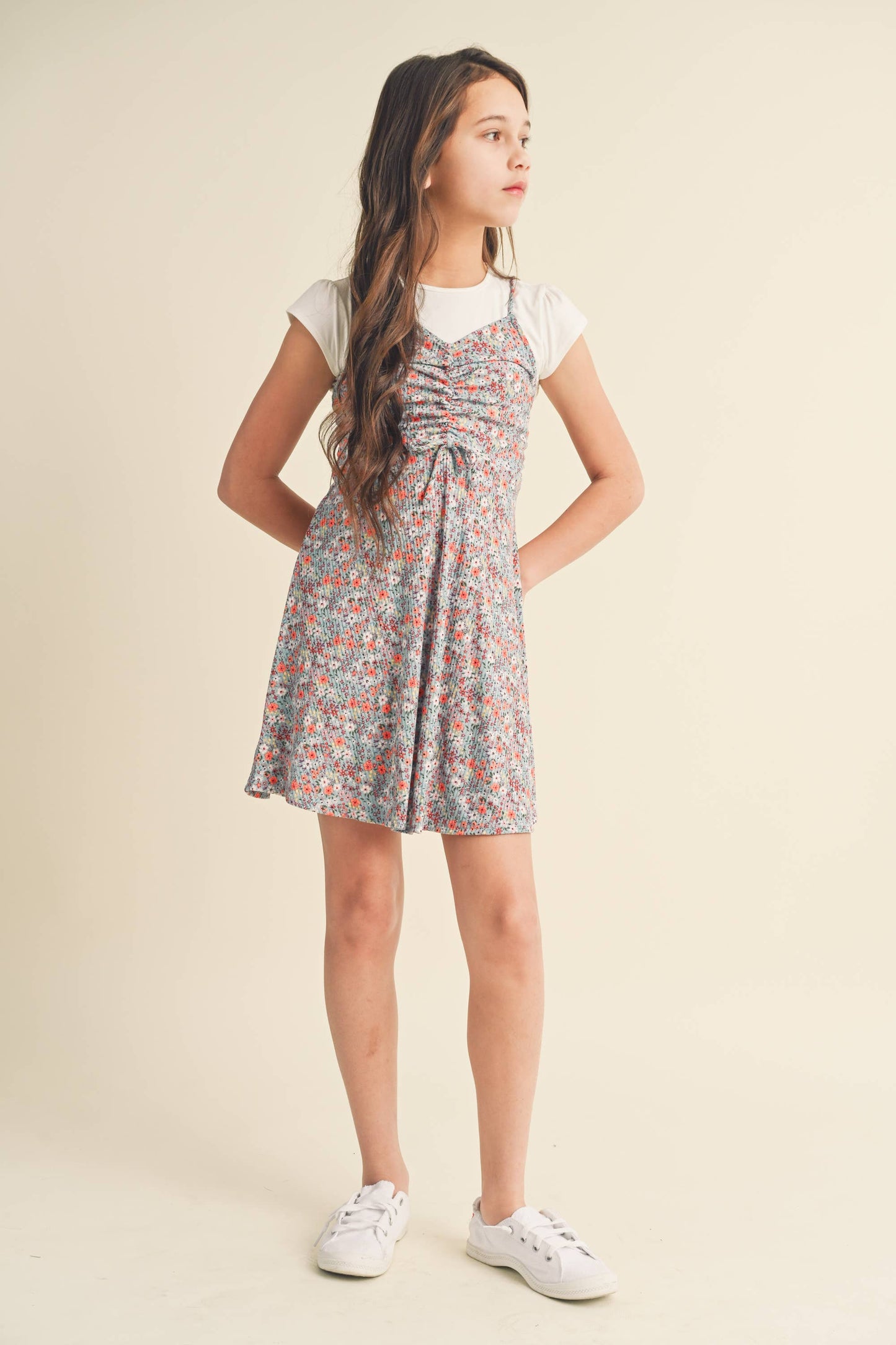 heart and arrow - KIDS FLORAL CINCHED FRONT FAUX 2PC DRESS KD2079GR (7-12): 10