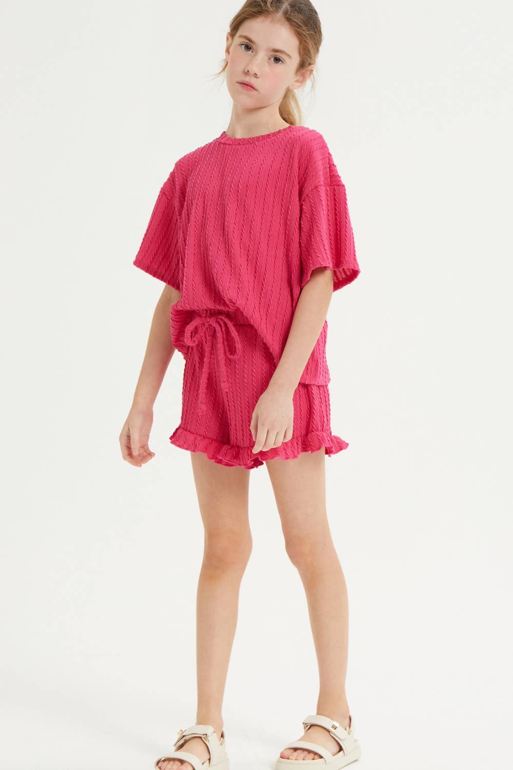 Good Girl - Embossed Ribbed Knit Ruffle Set: Pink / S