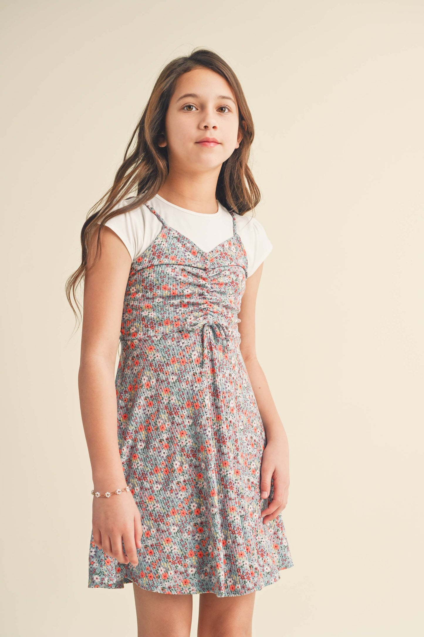 heart and arrow - KIDS FLORAL CINCHED FRONT FAUX 2PC DRESS KD2079GR (7-12): 10