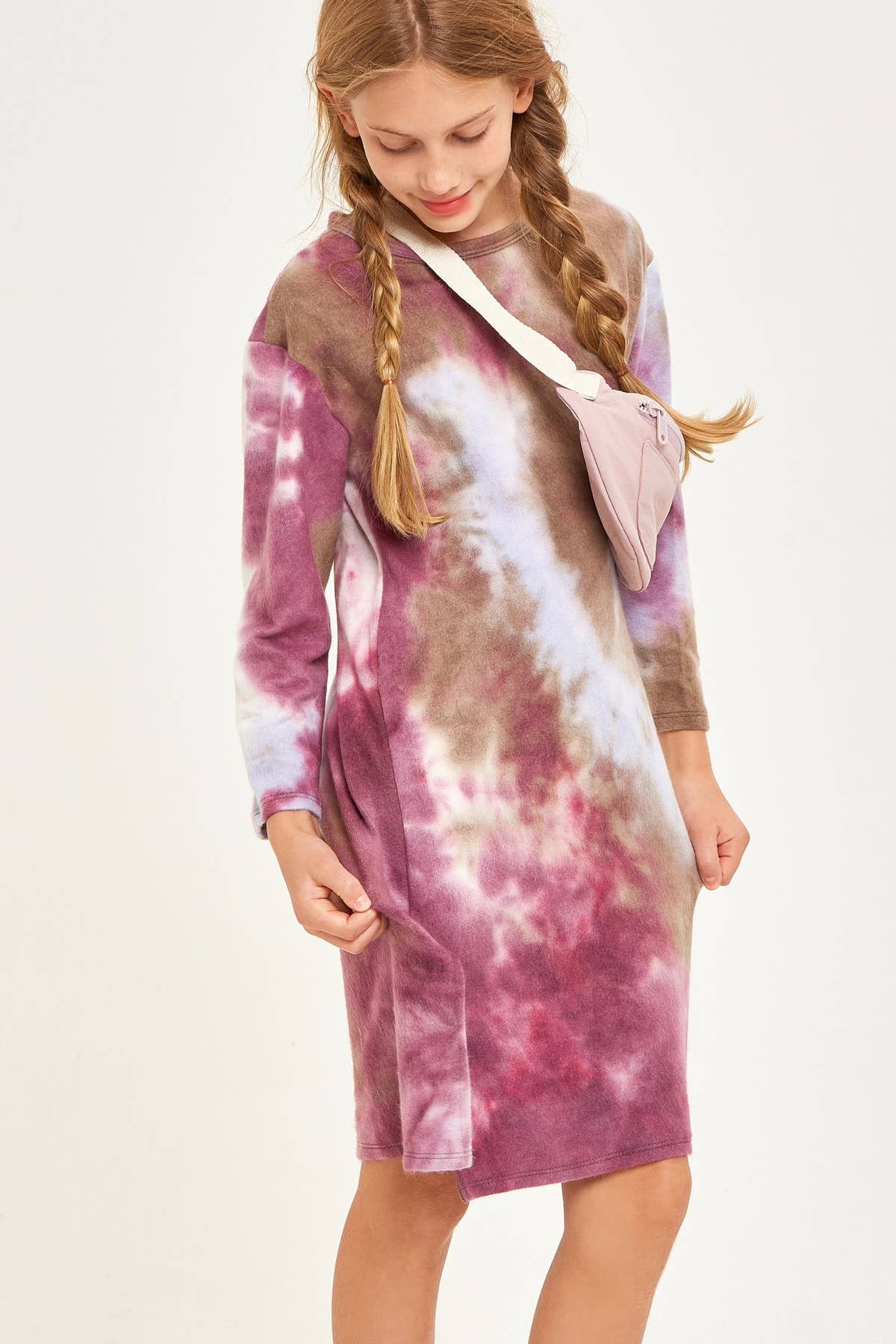 Tie Dye Print Side Slit Brushed Knit Dress