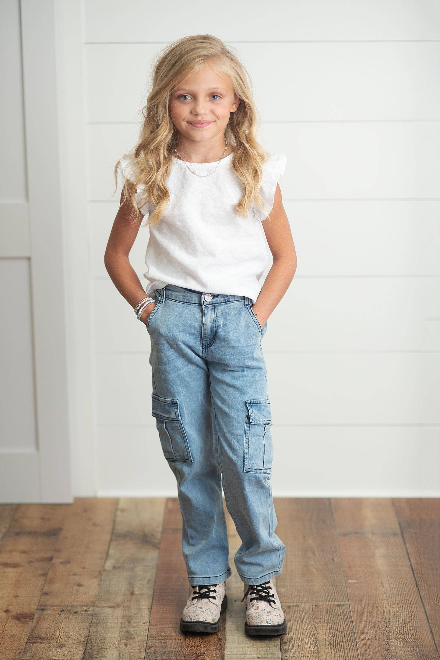 Oopsie Daisy - Kids Light Wash Faded Denim Cargo Pant With Pockets: 10