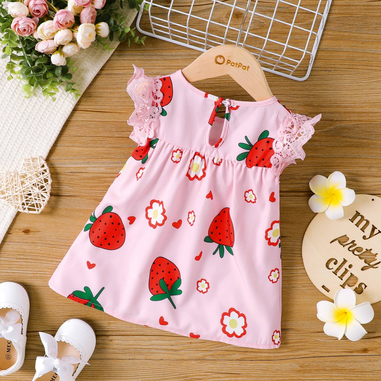 PatPat - Sweet Strawberry Lace Dress for Baby Girls: Pink / 3-6 Months