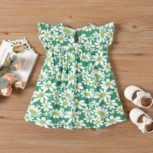 PatPat - 100% Cotton Baby All Over Floral Print Flutter-sleeve Dress: Green / 9-12 Months