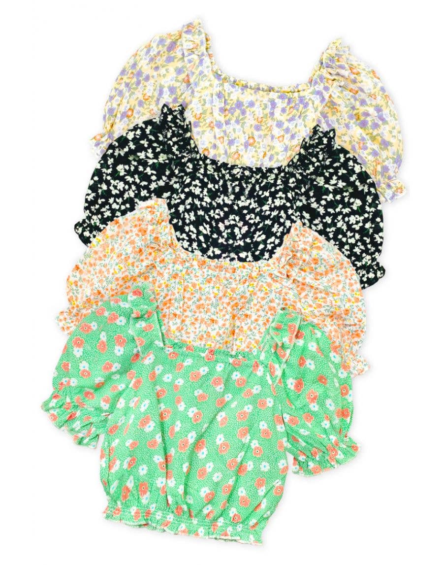 Cutie Patootie Clothing - GKT-3150B Girl's Fashion Top w/ Puff Sleeve : Peach Floral #103 / S6/7