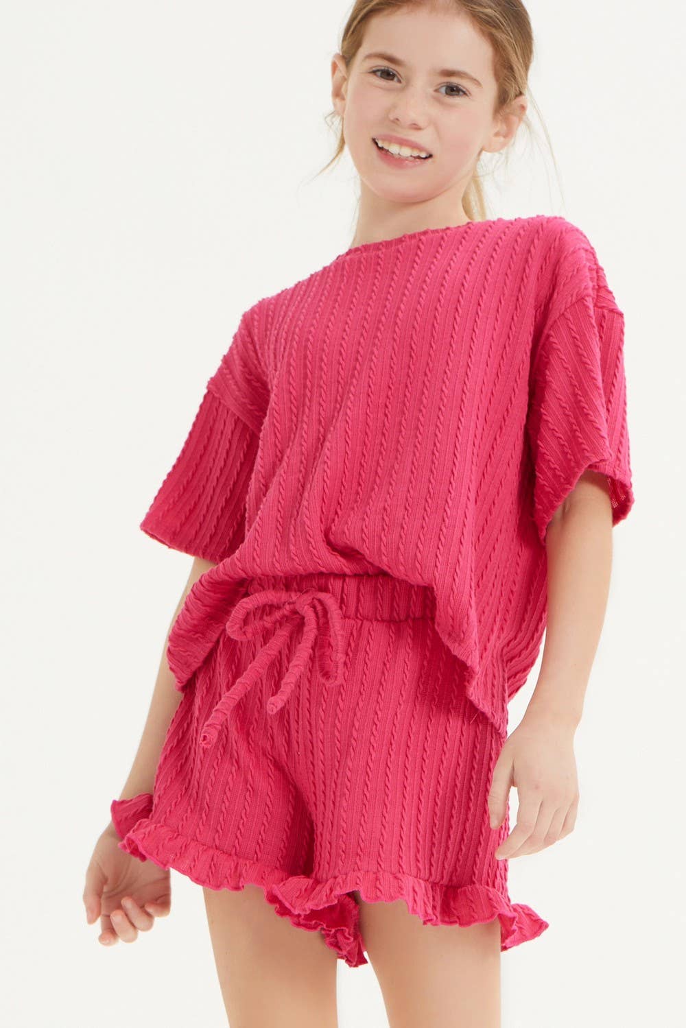 Good Girl - Embossed Ribbed Knit Ruffle Set: Pink / L