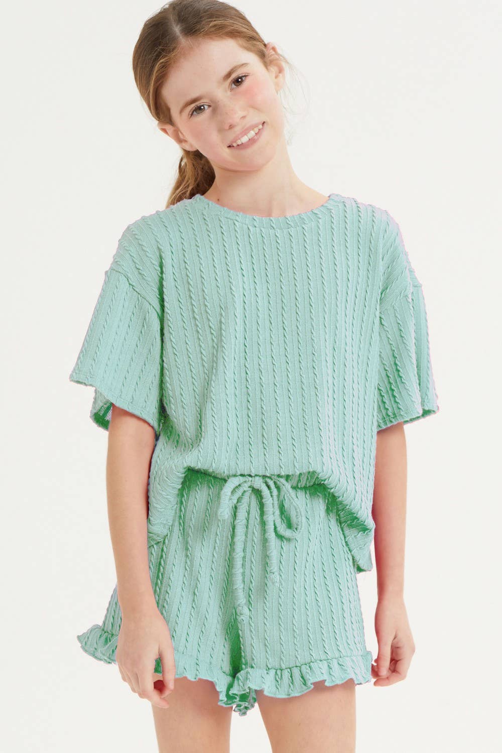 Good Girl - Embossed Ribbed Knit Ruffle Set: Pink / L