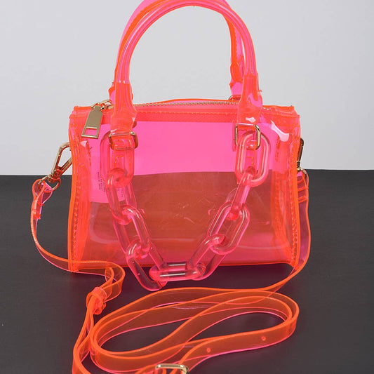 3AM BY H&D ACCESSORIES - Transparent Mini Duffle Bag W/Acrylic Chain: Neon Pink