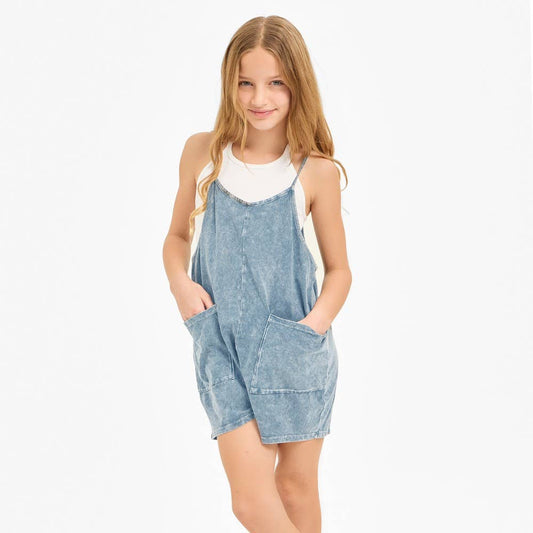Good Girl - Two Pocket Mineral Wash Overall Romper / Onesie: Denim Blue / XL