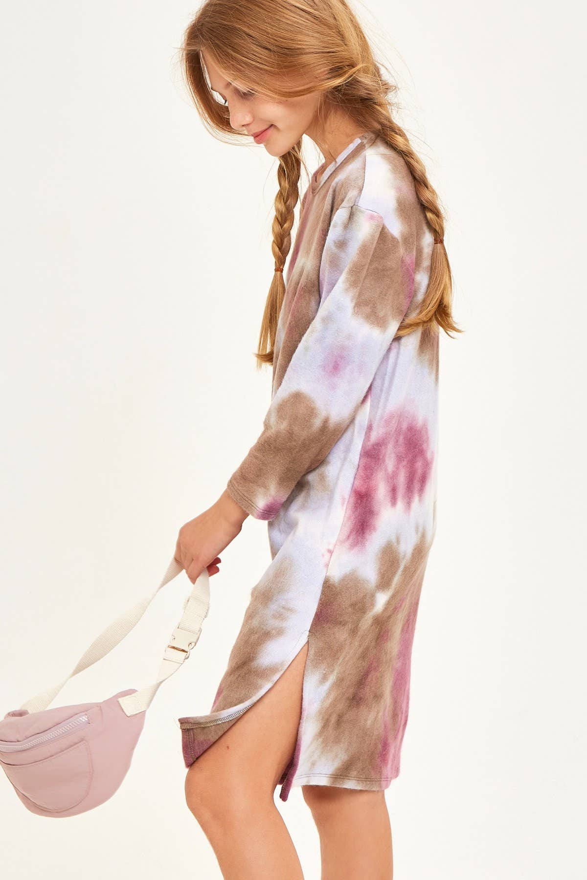 Tie Dye Print Side Slit Brushed Knit Dress