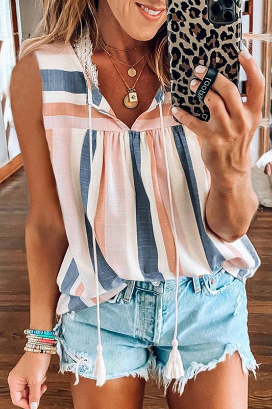 Split V Neck Striped Print Tank Top