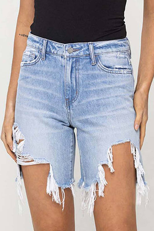 High Rise Midi Distressed Shorts