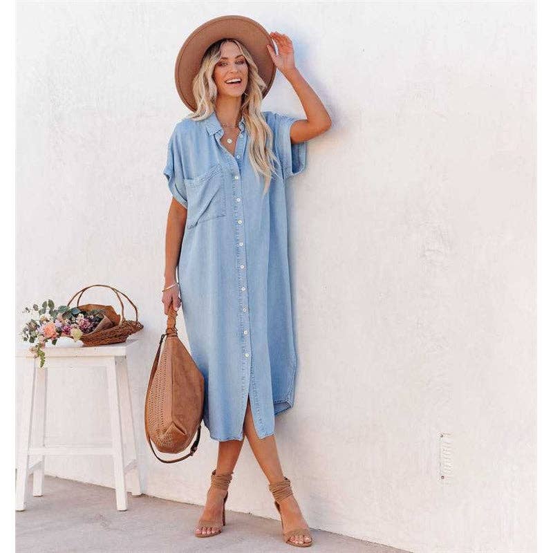 Short Sleeve Loose Panel Denim Slit Shirt Dress