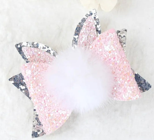 Pink & Silver Glitter Bunny Tail Bow