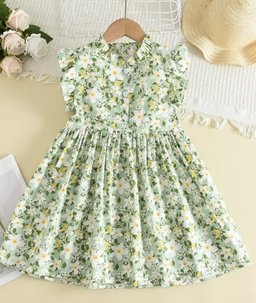 Green Floral Frill Trim Dress