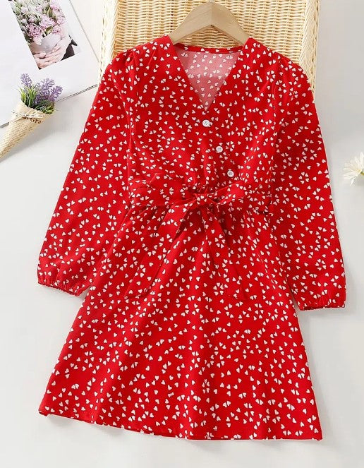 Long Sleeve Heart Print Dress | Big Girls