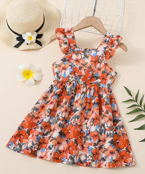 Orange Floral Print Party Dress