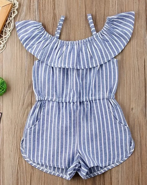 Striped Denim Off the Shoulder Romper