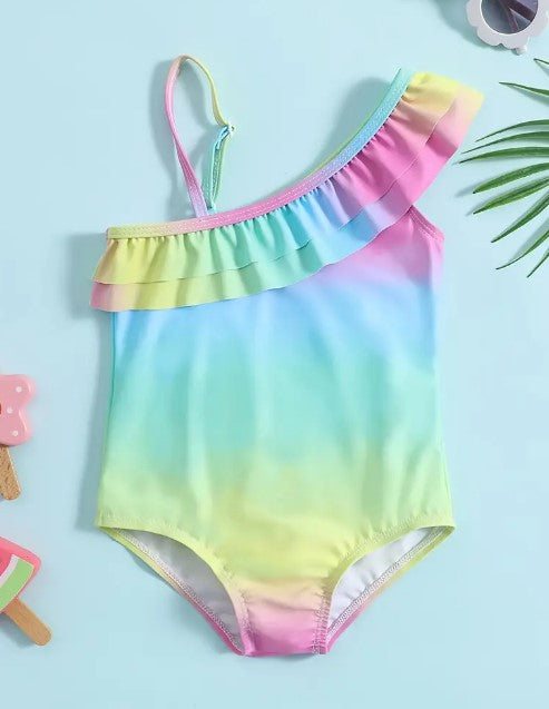 Girls Tie Dye Cold Shoulder Ruffle Swimsuit