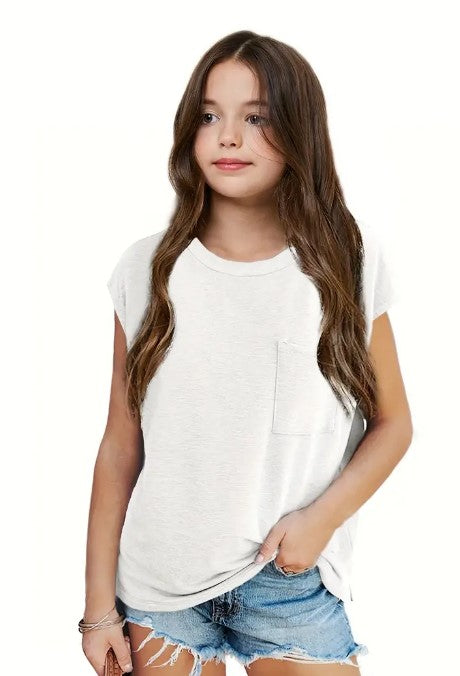 Girls Classic White Tee with Pocket