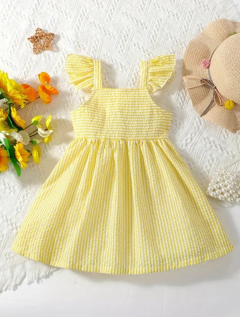 Yellow & White Striped Flutter Striped Dress